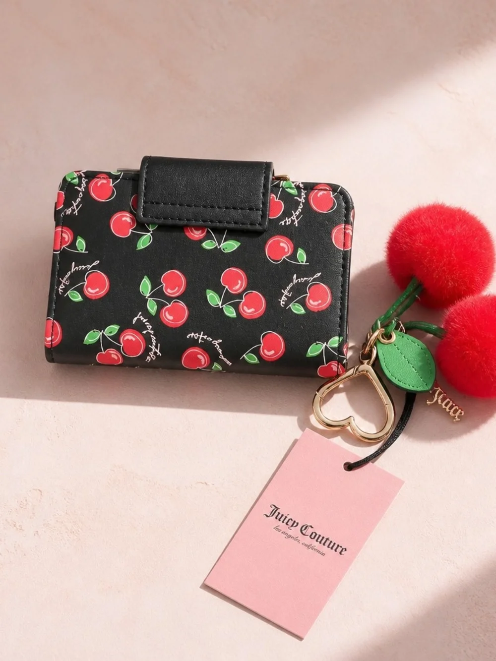 Juicy Couture Black Cherry Print Card Holder with Cherry Pom-Pom Charm